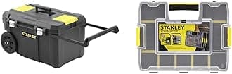 STANLEY Rolling Toolbox Chest with Heavy Duty Metal Latch, 2 Lid Organisers for Small Parts, Portable Tote Tray & Sortmaster Stackable Storage Organiser for Tools, Small Parts, Adjustable Compartments