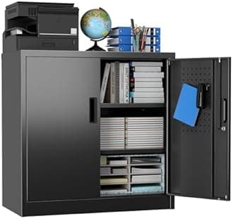 SUXXAN Metal Storage Cabinet with Pegboard 31.5”H×31.5”W×16.5”D, Lockable Rolling Steel Storage Cabinet with 2 Adjustable Shelves and Door for Garage, Office, Kitchen, Assembly Required(Black)