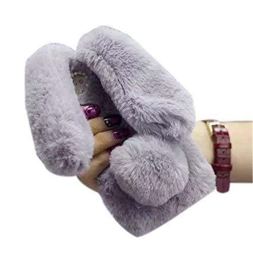 iPhone 8 Plus Case,Shinetop Bling Diamond Soft Warm Fluffy Rex Rabbit Fur Case Winter Handmade Bunny Hair Plush with Crystal Bowknot Protective Cover for iPhone 8 Plus/iPhone 7 Plus 5.5"-Light Grey