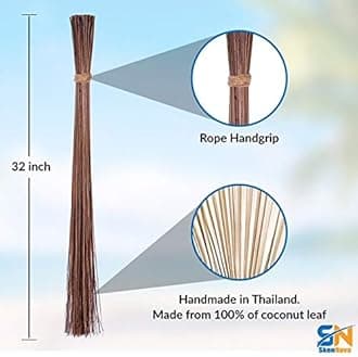 1 Piece of 32 inch Multi-Surface Sturdy Outdoor Authentic Coconut Leaf Broom Asian Heavy Duty Broom Thai Natural Coconut Leaf Broom (Country Rustic)
