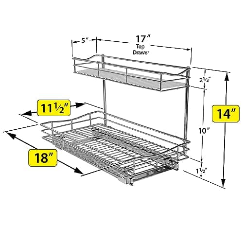 Lynk Professional Roll Out Under Sink Cabinet Organizer - Pull Out Two Tier Sliding Shelf - 11.5 inch wide x 18 inch deep - Chrome