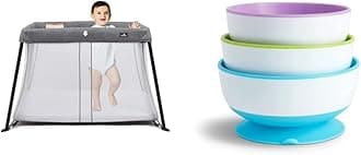 Babylo Liteway Lightweight Travel Cot - Grey Mélange & Munchkin Stay Put Baby Suction Bowl Set, Baby Bowls for Weaning, Baby Feeding Suction Dish Pack, for Babies & Toddlers 6 Months+