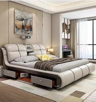Smart Bed King Size Provided with Projector Massage Bluetooth Speaker Storage Drawers Safe Air Purifier Clock Display Bedroom Essential King Size Bed Luxurious Modern Smart Bed. (Khaki)