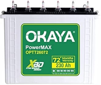 OKAYA PowerMAX OPTT26072 230Ah Tall Tubular Inverter Battery for Home, Office & Shops with Certified Extra Backup | Spillage Free & Low Maintenance Design | 72 Months Warranty