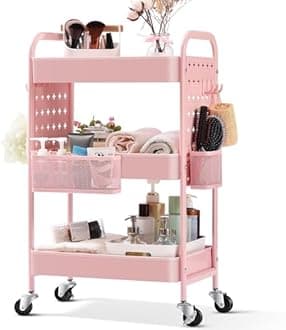 TOOLF 3-Tier Rolling Cart, Metal Utility Storage Cart with DIY Pegboards, Art Craft Trolley with Baskets Hooks, Organizer Serving Cart Easy Assemble for Office, Home, Kitchen, Classroom (Pink)