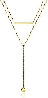 Foxgirl Lariat Gold Necklace for Women, Dainty Long Necklace 14k Gold Plated Y-Shaped Pendant Necklace Trendy Layered Box Chain Drop Necklaces Simple Gold Jewelry for Women Gift