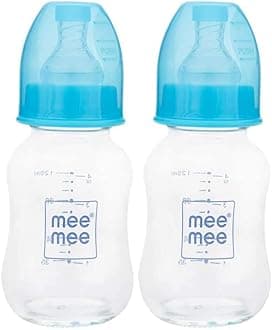 Premium Glass Feeding Bottle with Eazy-Flow Technology, Anti-Colic Valve,Anti Slip,BPA-Free Baby Feeding Bottle for Babies & Toddlers(Blue, 120Ml)