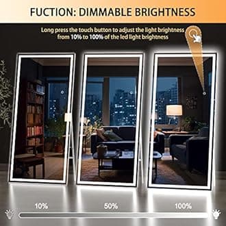 Hasipu Full Length Mirror with Lights, 71" x 24" LED Lighted Floor Standing, Full Body Dressing Hanging Mounted Mirror, Dimmable, Tempered Glass, Safe to Use, Square White