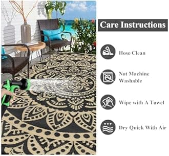 Bsmathom Waterproof Outdoor Rug 6'x9' Reversible Boho Plastic Straw Patio Deck Camping Rugs, Indoor Outdoor Portable RV Mat Clearance Carpet for Outside, Porch, Balcony, Backyard, Beach, Pool,Black