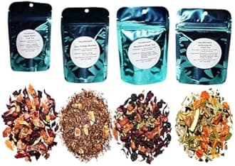 4 Rooibos Tea Samplers, Decaffeinated, Juicy Orange Rooibos, Peach Fruit Tea, Blueberry Fruit Tea, Orange Fruit Tea, Loose Leaf Tea