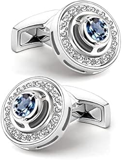 Mr.Van Men's Cufflinks in Navy Blue Crystal, Silver, Circle Cufflinks Classic for Business Wedding Party Elegant Style