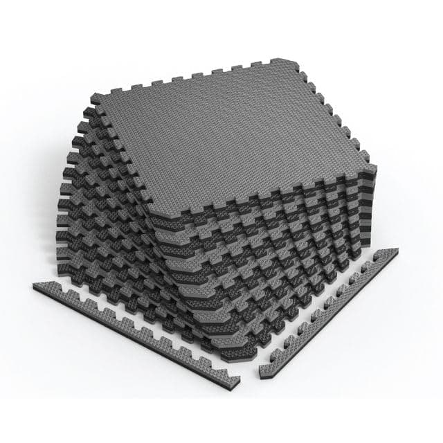 Norsk Reversible Gym Exercise Mats 3/4" Thick EVA Interlocking Foam Tiles, Perfect Home Gym Flooring, 12 Tiles & 24 Trim Pieces, 48 Sq. Ft. Reversible, Gray/Black