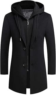 Men's Wool Coat Hoodie Long Trench Coat Cotton Casual Woollen Overcoat Jacket