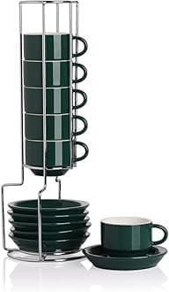 Sweejar Porcelain Espresso Cup & Saucer Set, Stackable Demitasse Cups with Metal Stand, 2.5 OZ for Latte,Coffee,Cafe Mocha,Tea, Set of 6 (Jade New)