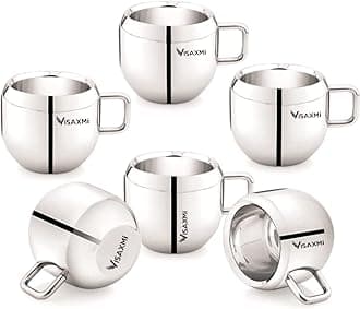 Stainless Steel Tea Cup Set of 6 80ml | Double Wall Tea Cup | Latest Stylish Design Tea & Coffee Cup - (Pack of 6, Silver)