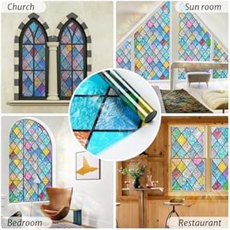 rabbitgoo Stained Glass Window Film Rainbow Film Decorative 3D Privacy Sticker Colorful Lattice Window Decals Cling, Sun Catcher Static Decals for Home 35.4"×78.7"