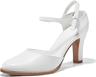 Coutgo Womens Chunky High Heels Closed Pointed Toe Ankle Strap Pumps Vintage D'Orsay Dress Party Shoes, White, Size 8.5