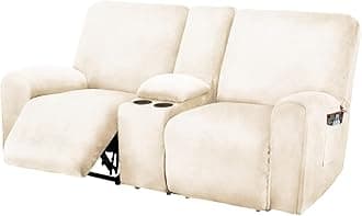 Reclining Love Seat with Middle Console Slipcover, 8-Piece Velvet Stretch Loveseat Reclining Sofa Covers, 2 seat Love seat Recliner Cover, Thick, Soft, Washable, Love seat Slipcovers (Ivory)