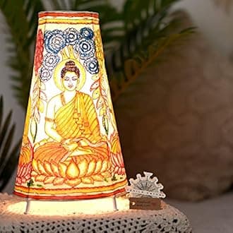 Handicraft Leather Table Lamp for Home Decoration | Handmade Side Table Lamp Shade for Bedroom Decor | Decorative Festival Gift for Living Room, Desk, Spiritual Décor | Peace with Buddha