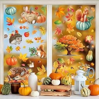 Fall Window Clings,Autumn Window Clings,Thanksgiving Decorations,9 Sheets Double-Side Pumpkin Leaves Window Stickers for Autumn Harvest Thanksgiving Home Party Shop Display Decoration