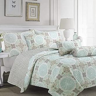 Cozy Line Home Fashions Green Mint Grey Modern Medallion Damask Reversible Quilt Bedding Set, Lightweight Bedspread Coverlet for All Seasons (Aqua Melody, Queen - 3 Piece)
