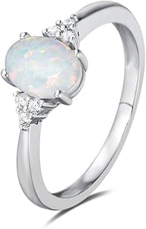 Mother's Day Gift | FANCIME Created Opal Rings Sterling Silver 4-prong Halo White Opal Cubic Zirconia Engagement Wedding Ring October Birthstone Fine Jewelry for Women Girls Size 5,6,7,8,9