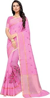 Leeza Store Women's Plain Zari Border Floral Embroidered Net Saree With With Blouse Piece, Pink, One size