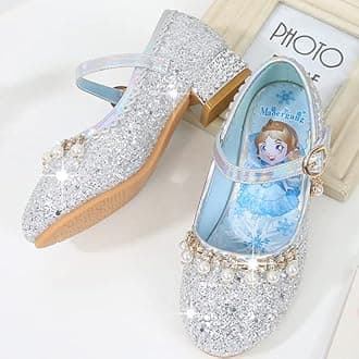 YOGLY Girls Princess Shoes ELSA Mary Jane High Heels Dress up Christmas Carnival Birthday Theme Party Costume Kids Crystal Sequin Wedding Bridesmaids Shoes Cosplay Fancy Halloween Blue Pink Silver 03