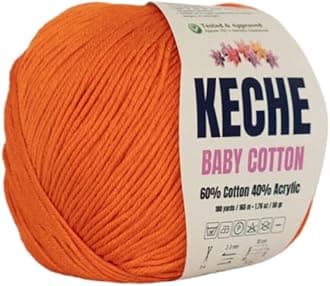 Keche Baby Cotton, 60% Cotton 40% Acrylic Yarn, Soft Cotton Yarn for Crochet and Knitting, Amigurumi Yarn 1 Skein/Ball 1.76 Oz (50g) / 180 Yrds (165m) - Orange