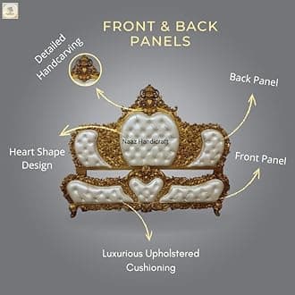 Queen Size Teak Wood Bed with 2 Matching Side Tables – Hand-Carved Design, Luxurious Upholstered Cushioning in White, White Wooden Panels (Golden)