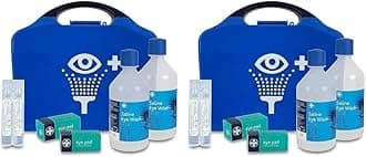 Reliance Medical First Aid Eye Wash Kit - 2 x 500ml Reliwash Eyewash Bottles with Mirror - 2 x 20ml Saline Sterile Solution Pods Drops for Eyes and Eye Pads (Pack of 2)