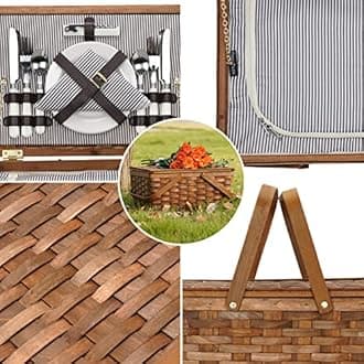 Woodchip Picnic Basket Set for 4 Persons with Insulated Cooler, Large Woven Basket with Double Folding Handles, Picnic Set for Camping, Outdoor, Valentine Day, Wedding