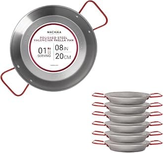 Machika 6 Pack Carbon Steel Paella Pan, 20cm 8 inch Polished Steel Large Skillet From Spain, Great for Paella Parties Indoors, Outdoors, Camping & More, Imported Spanish Paellera, Made by Garcima