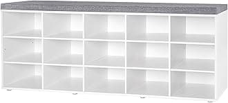 DINZI LVJ Shoe Storage Bench with Cushion, 15-Cubby Shoe Rack, Adjustable Shelves, Long Shoe Organizer Bench for Entryway, Mudroom, Hallway, Living Room, Bedroom and Garage, White