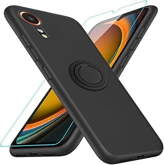Compatible for Samsung Galaxy XCover-7 Phone Case with Glass Screen Protector, 360° Rotatable Ring Holder Kickstand/Stand Silicone TPU Shockproof Protective Case for Samsung Galaxy XCover-7 - Black