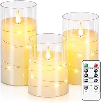 Qniceone Flameless Candles with String Lights, 3 Pack Battery Operated LED Candles with Remote and Timer Electric Fake Flickering Candles Ivory Real Wax Pillar for Home Decoration Holiday
