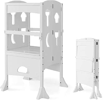 HONEY JOY Kitchen Step Stool for Toddlers, Children Wooden Standing Tower w/Safety Rail, Montessori Foldable Kids Learning Stool for Kitchen Counter(White)