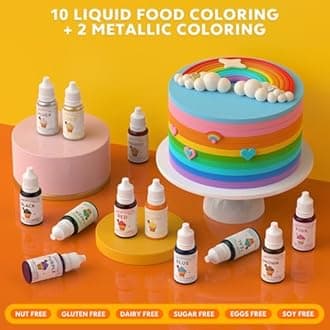 12 Food Coloring Set,10 Colors Vibrant Food Dye & 2 Edible Metallic Gold Paint Food Grade Tasteless Liquid Baking Food Coloring for Cake Fondant Icing Making DIY Supplies Kit - 0.35 Fl. oz/Bottles