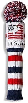 US Flag Knit Pom Pom White Blue Red Driver,Fairway Wood, Hybrid Head Cover Headcover for Callaway Mizuno Cobra Taylormade