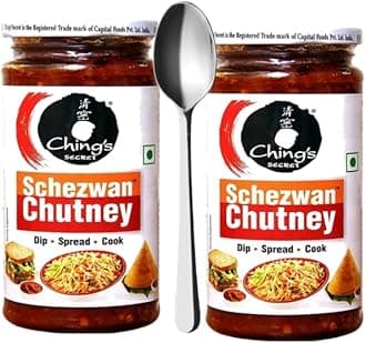 Kten Cheng's Sicret, Schezwan Chutney, 250 Grams (Pack of 2) with Long Handle Stainless Steel Spoon