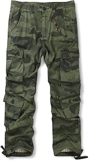 OCHENTA Men's Cotton Casual Cargo Work Pants Baggy Camo Tactical Combat Trousers with 8 Pockets (No Belt)