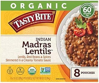 Tasty Bite Organic Vegetarian All Natural Indian Madras Lentils: Lentils, Red Beans, & Spices Simmered in a Creamy Tomato Sauce - 8 ct. (10 oz.)