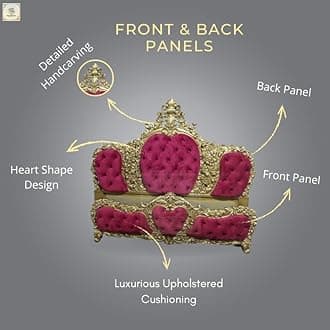 Queen Size Teak Wood Bed with 2 Matching Side Tables – Hand-Carved Design, Luxurious Upholstered Cushioning in White, White Wooden Panels (Maroon,Golden)