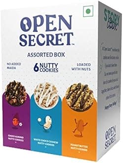 Open Secret Multi Flavor Assorted Story Box with Choco Almond, White Choco Cashew & Peanut Butter Nutty Cookies|No Added Maida| Family Snacks Biscuit | 6 Cookies, 75g