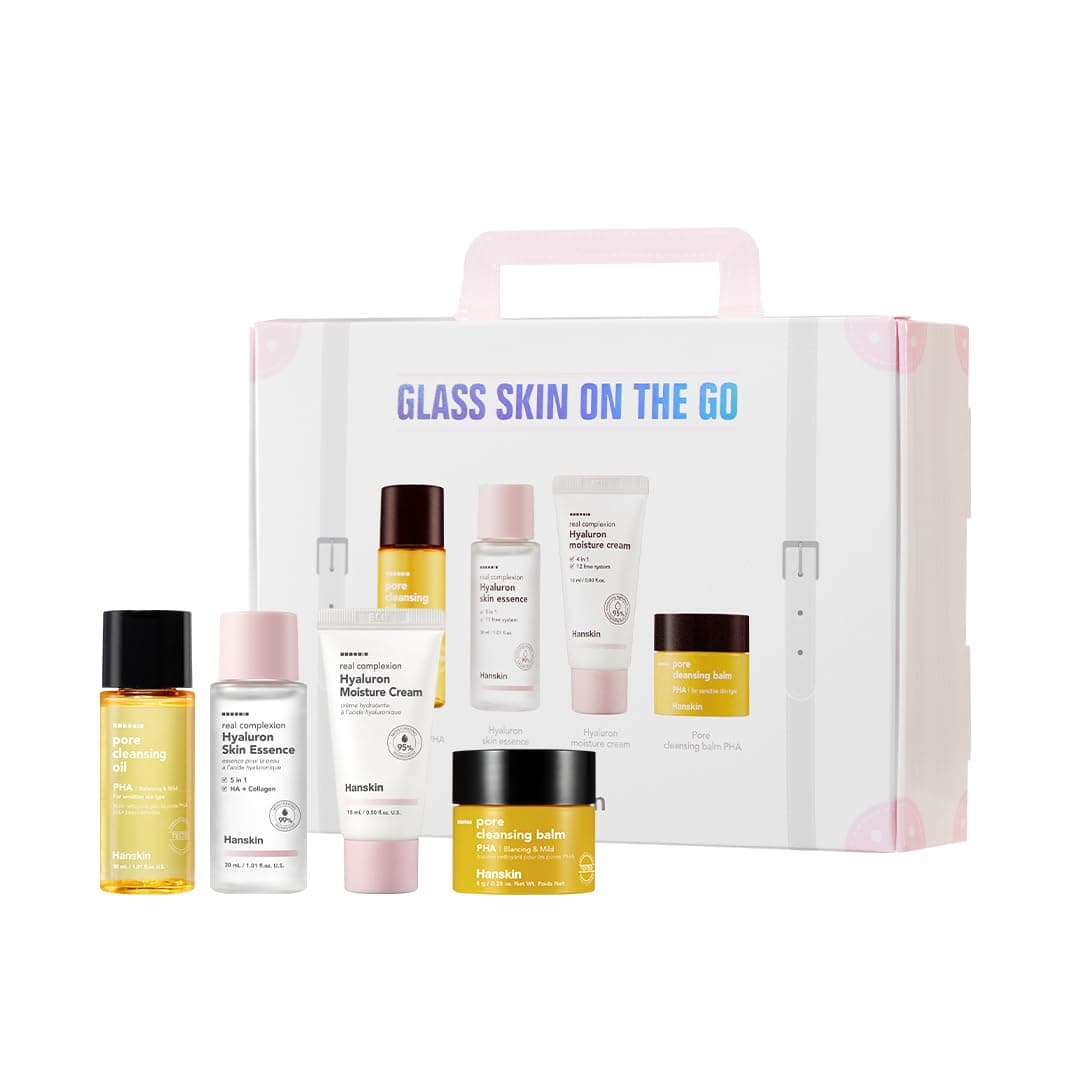 Hanskin Glass Skin On the Go Kit – Travel-Friendly Hydrating Set with PHA Cleansing Oil&Balm, Toner & Moisture Cream | TSA-Approved Mini Skincare, Holiday Stocking Stuffer, Teen Girl & Women’s Gift