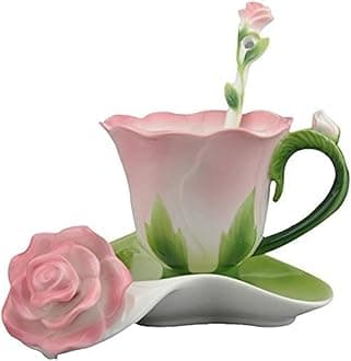 YBK Tech Creative 3D Rose Bone China Ceramic Coffee Mugs Afternoon Tea Cup and Saucer Set (Pink)