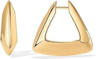 14K Gold Plated 925 Sterling Silver Posts Geometric Hoop Earrings for Women | Trendy Geo Long Oval U-Shaped Link Triangle Huggie Hoops Earring