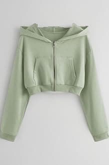 Casual Wear Solid Crop Zipper Jacket Hooded Neck Full Sleeves Hoodie for Women