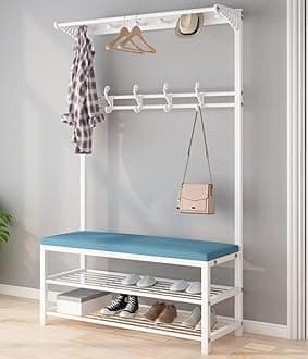 QA Coat Rack Shoe Bench，4 in 1 Multifunctional Coat Tree，Entryway Bench with Storage，Metal Clothes Rack with 10 Hooks，Top Shelf, for Entryway Living Room Bedroom (X-036-White+Blue)