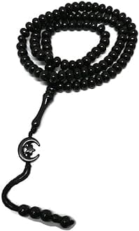 Al-Ameen Muslim Gift Islam Prayer Tasbih 99 Beads AMN-303 8 mm. Rosary Bead Moon Star Decorated Tassels Haj Eid Ramadan (Black)